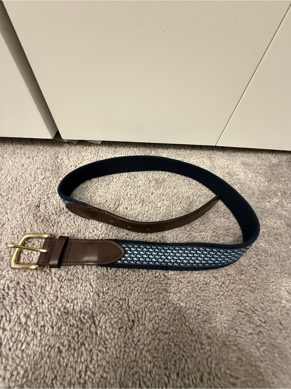 Vineyard Vines Navy Patterned Web Belt with Brown Leather Trim